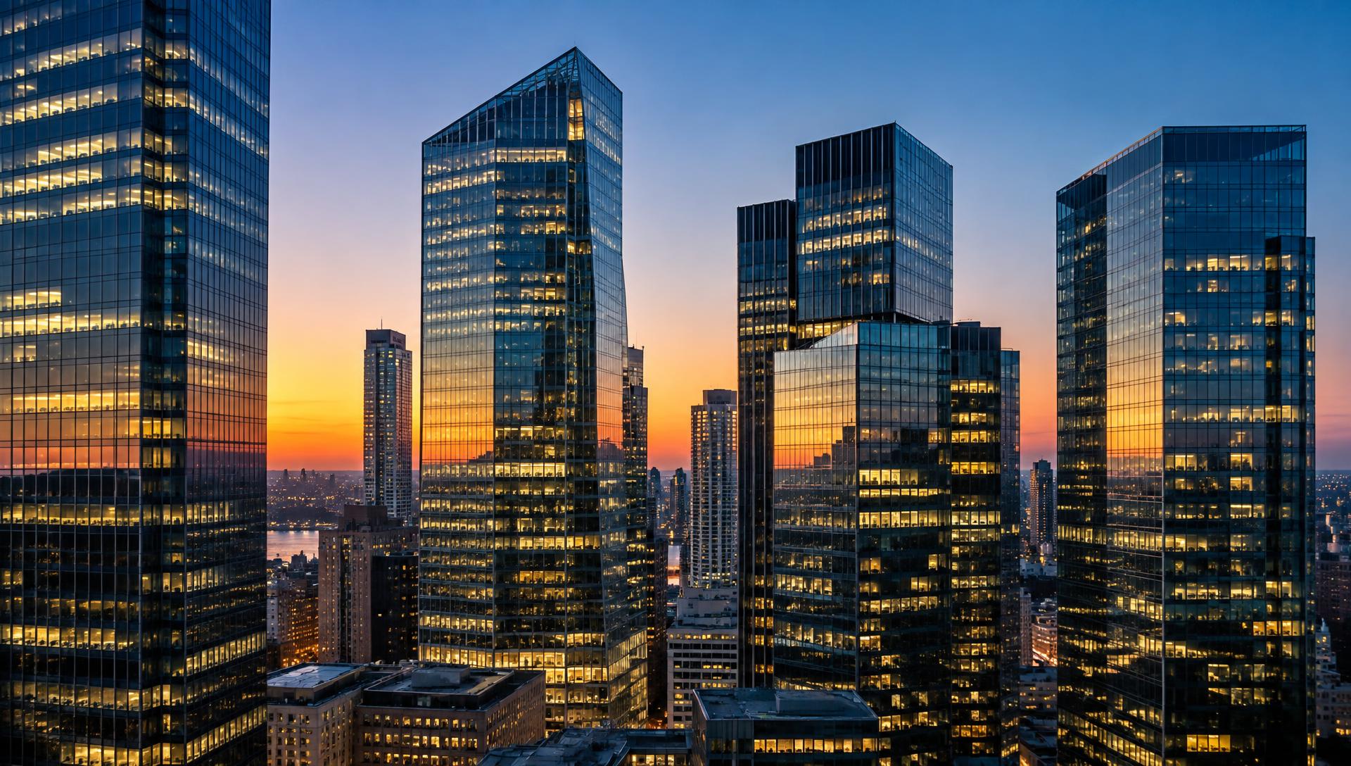 Skyline del distretto finanziario al crepuscolo