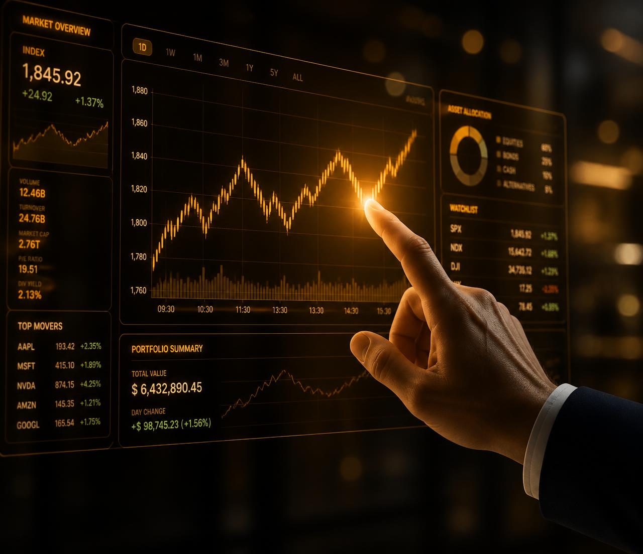 Mano su un grafico finanziario luminoso