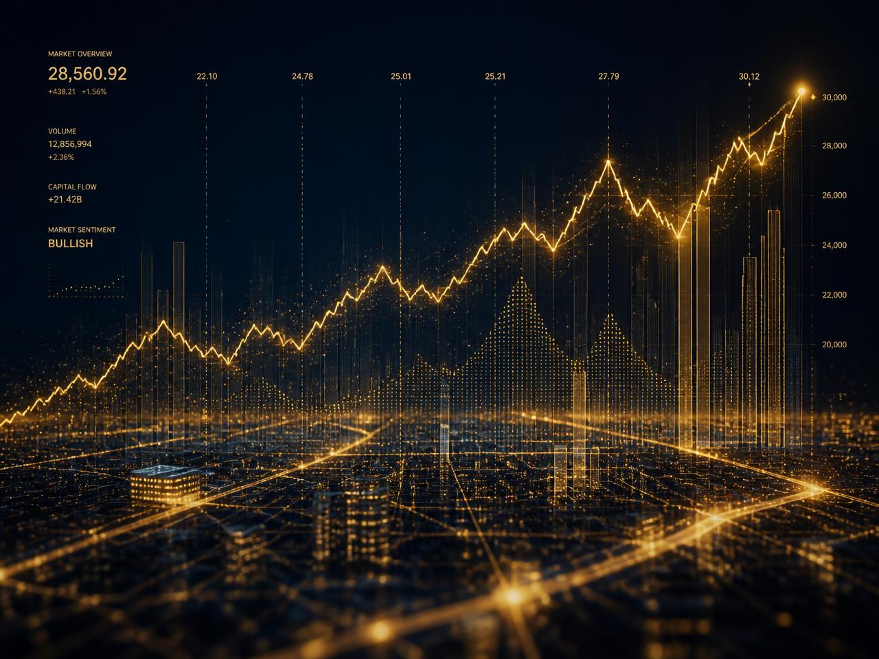 Grafico finanziario dorato su una città di dati
