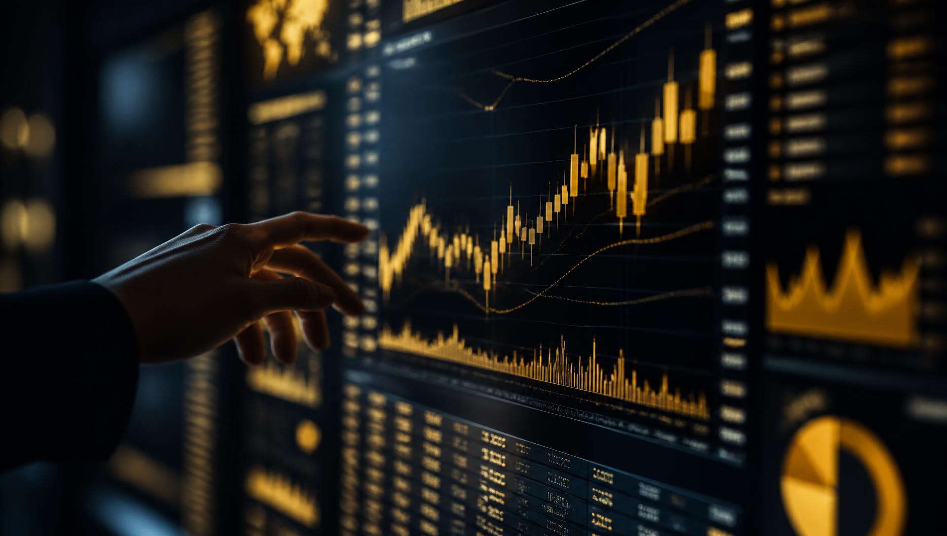Grafici finanziari dorati su uno schermo di mercato